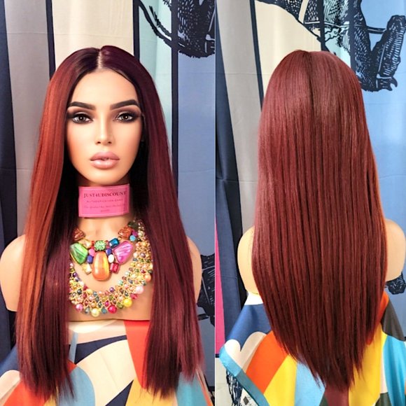 Celebrity straight Burgundy red orange burn side highlighted straight h.d la